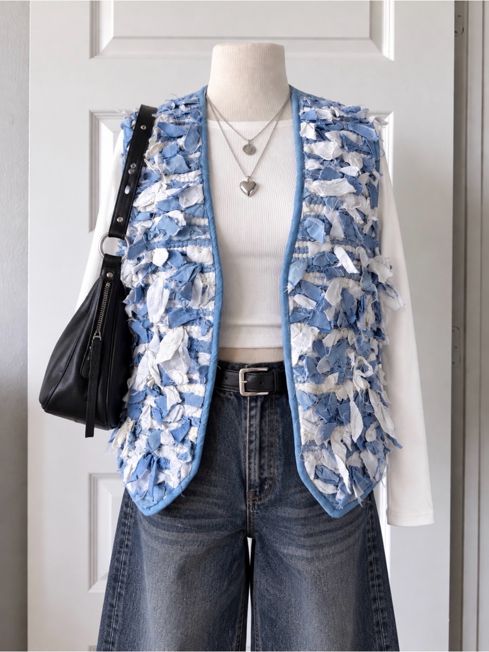 Vintage Exceptional Blue & White Textured Artsy Rag Woven 100% Cotton Vest